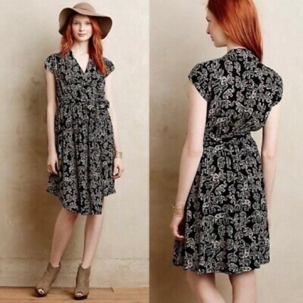 Anthropologie Maeve elephant print belted dress